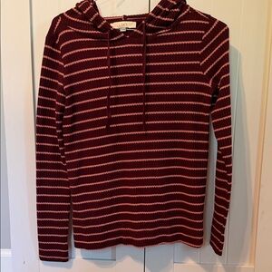 LOFT Maroon & Pink Striped Hooded Knit Top